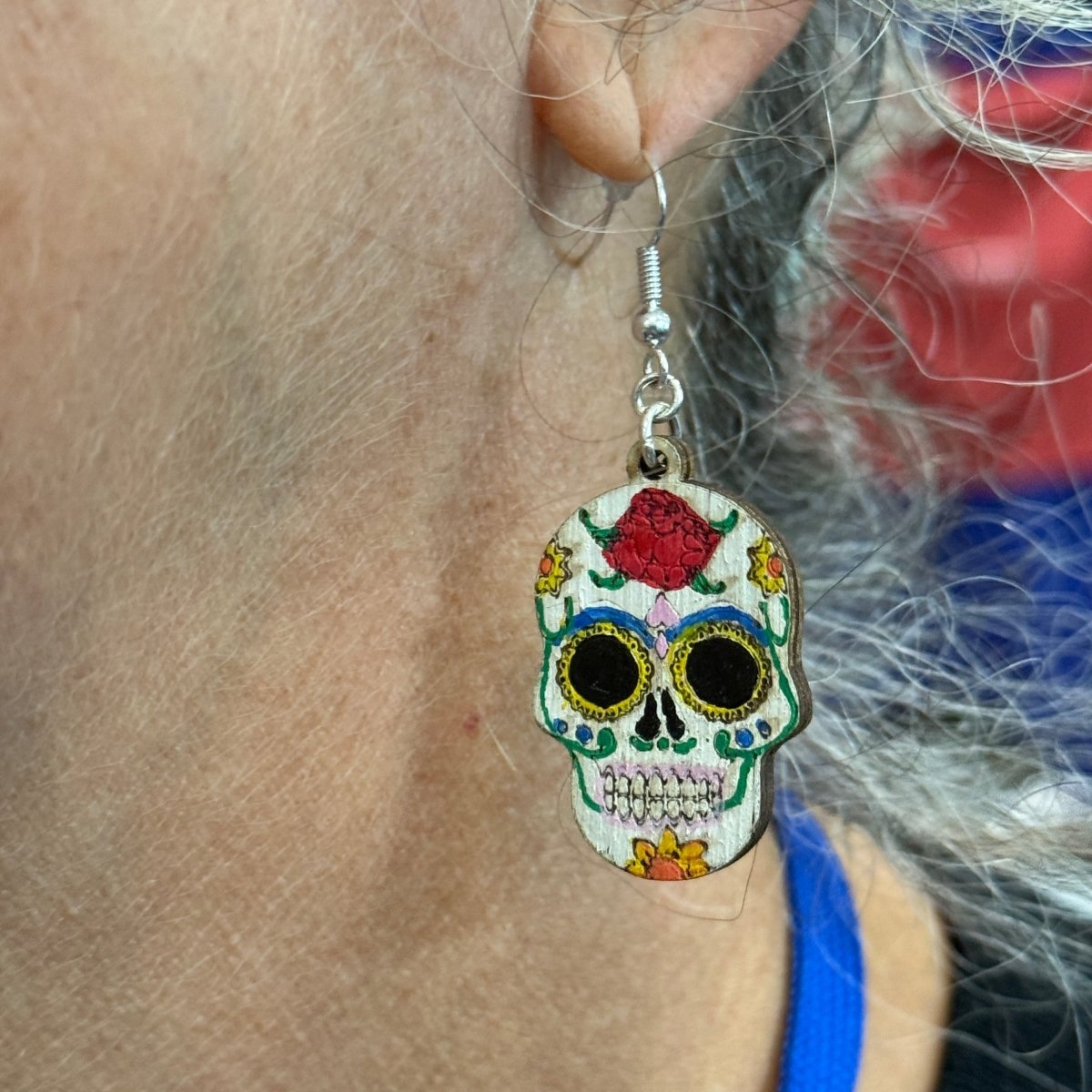 Sugar Skull Wooden Dangle Earrings | Day of the Dead Jewelry