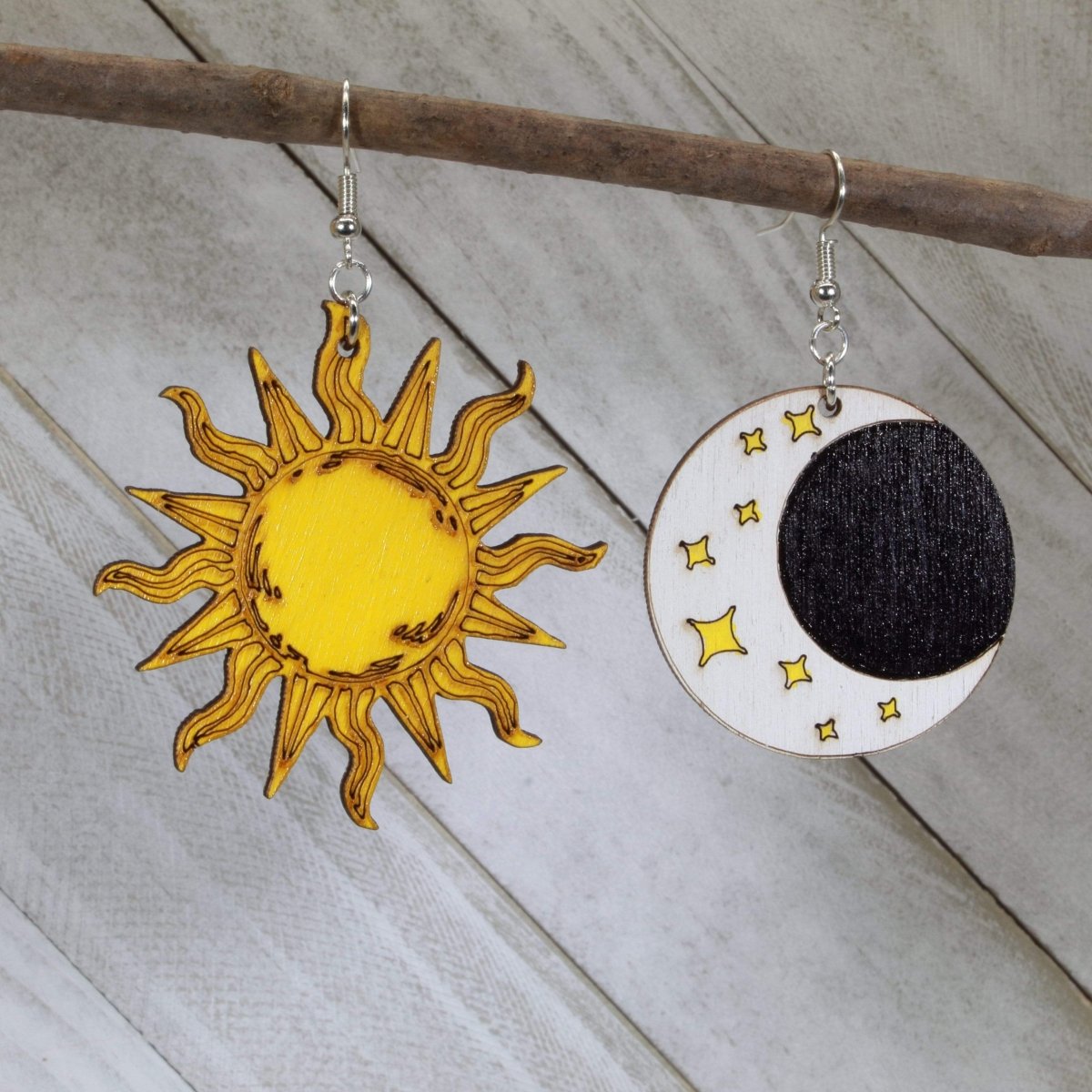 Sun and Moon Wooden Dangle Earrings | Celestial Jewelry
