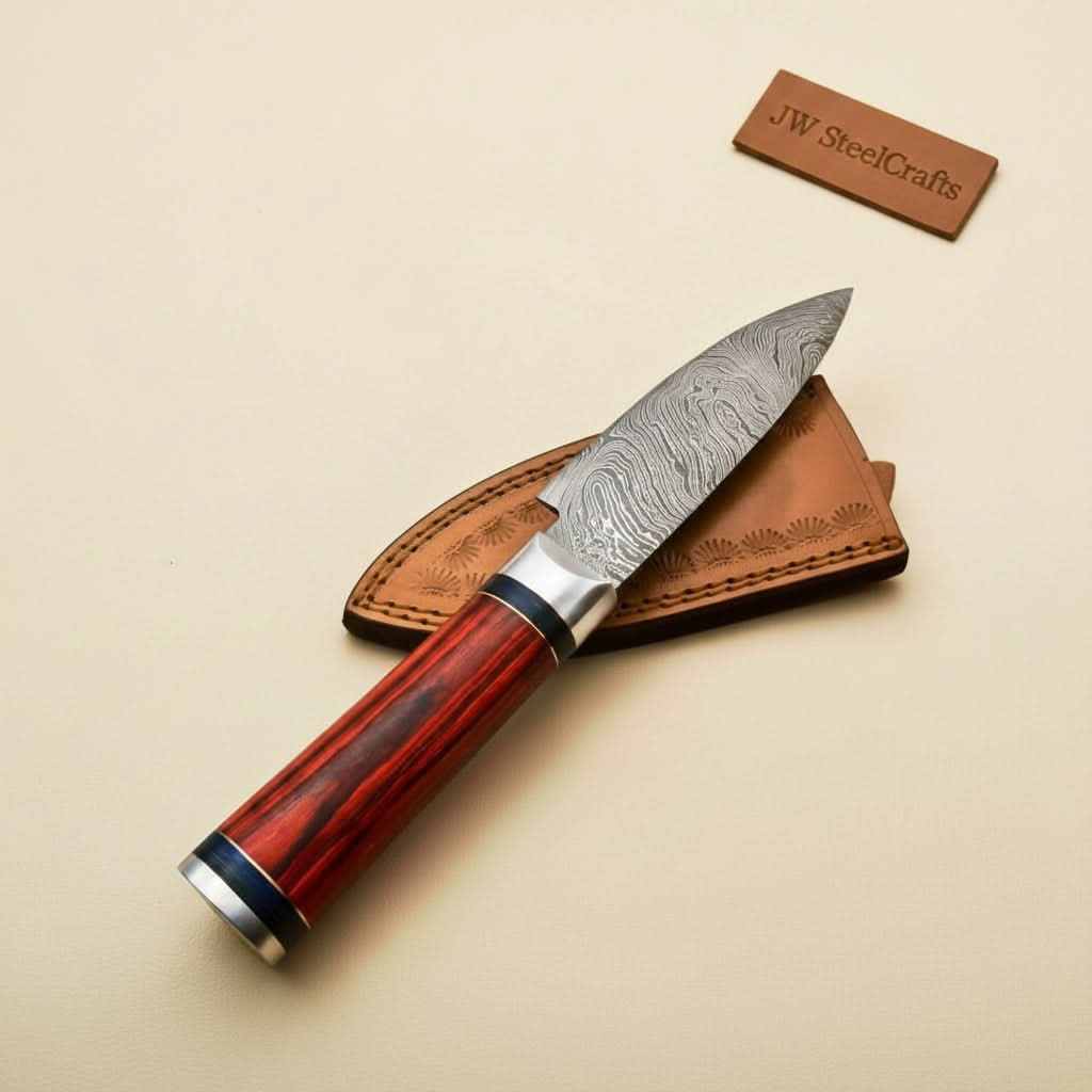 Handmade Damascus Petty Knife – 4-Inch Blade | Red Pakkawood Handle & Steel Bolster | 8" Overall by JW SteelCrafts, Damascus knife detail photo 2