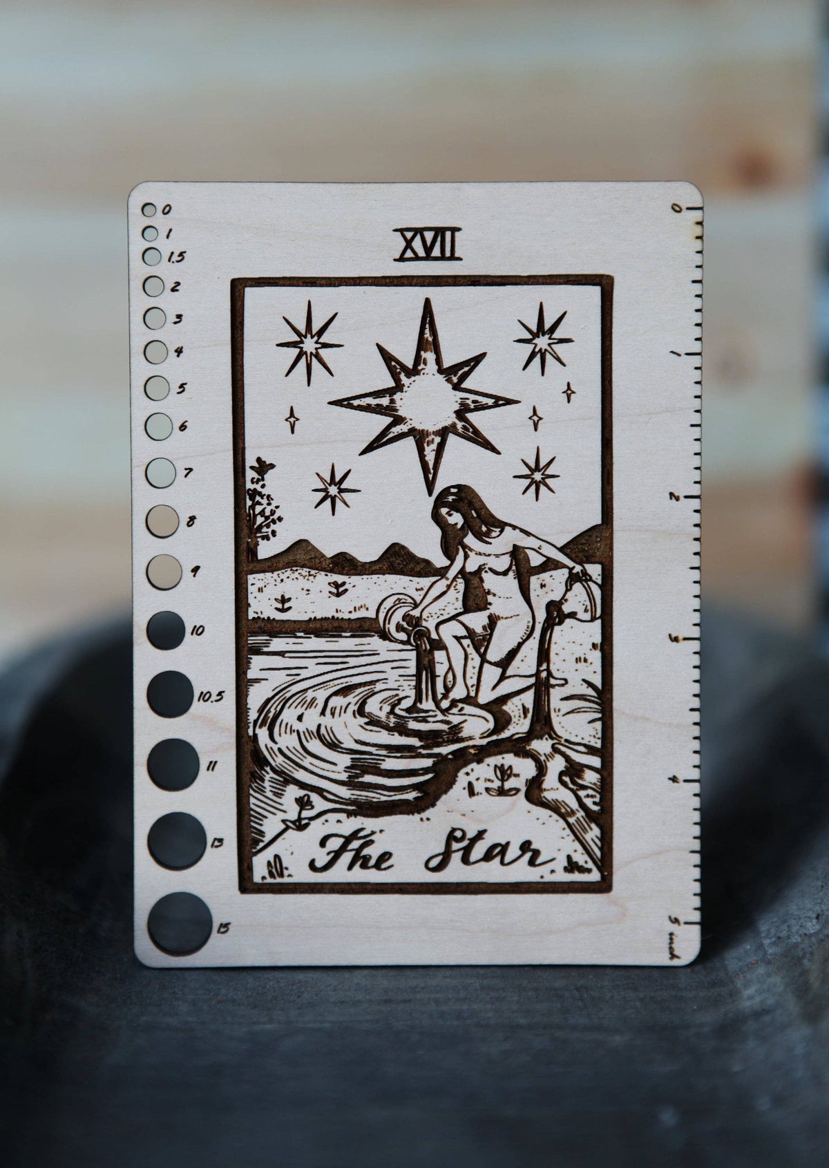 Maple Wood Moon Tarot Card Knitting Needle Gauge & 5" Ruler detail view 6 by Mountaintop Yarn