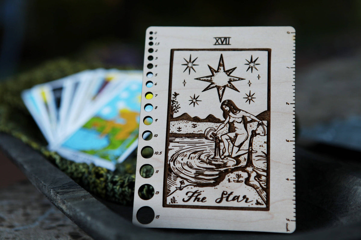 Maple Wood Moon Tarot Card Knitting Needle Gauge & 5" Ruler detail view 9 by Mountaintop Yarn