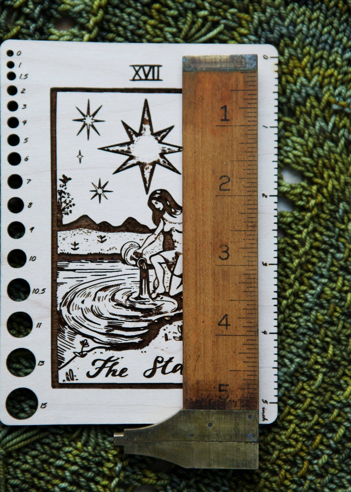 Maple Wood Moon Tarot Card Knitting Needle Gauge & 5" Ruler detail view 10 by Mountaintop Yarn