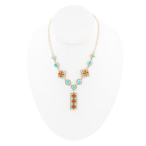 Talavera Tile and Blue Turquoise Golden Y-Neck Necklace