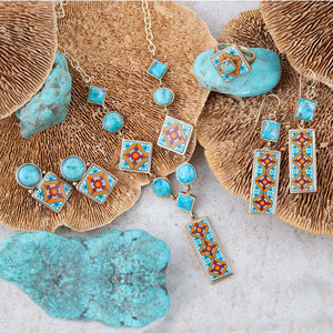 Talavera Tile Blue Turquoise Golden Drop Earrings