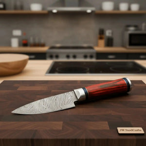 Handmade Damascus Petty Knife – 4-Inch Blade | Red Pakkawood Handle & Steel Bolster | 8" Overall by JW SteelCrafts
