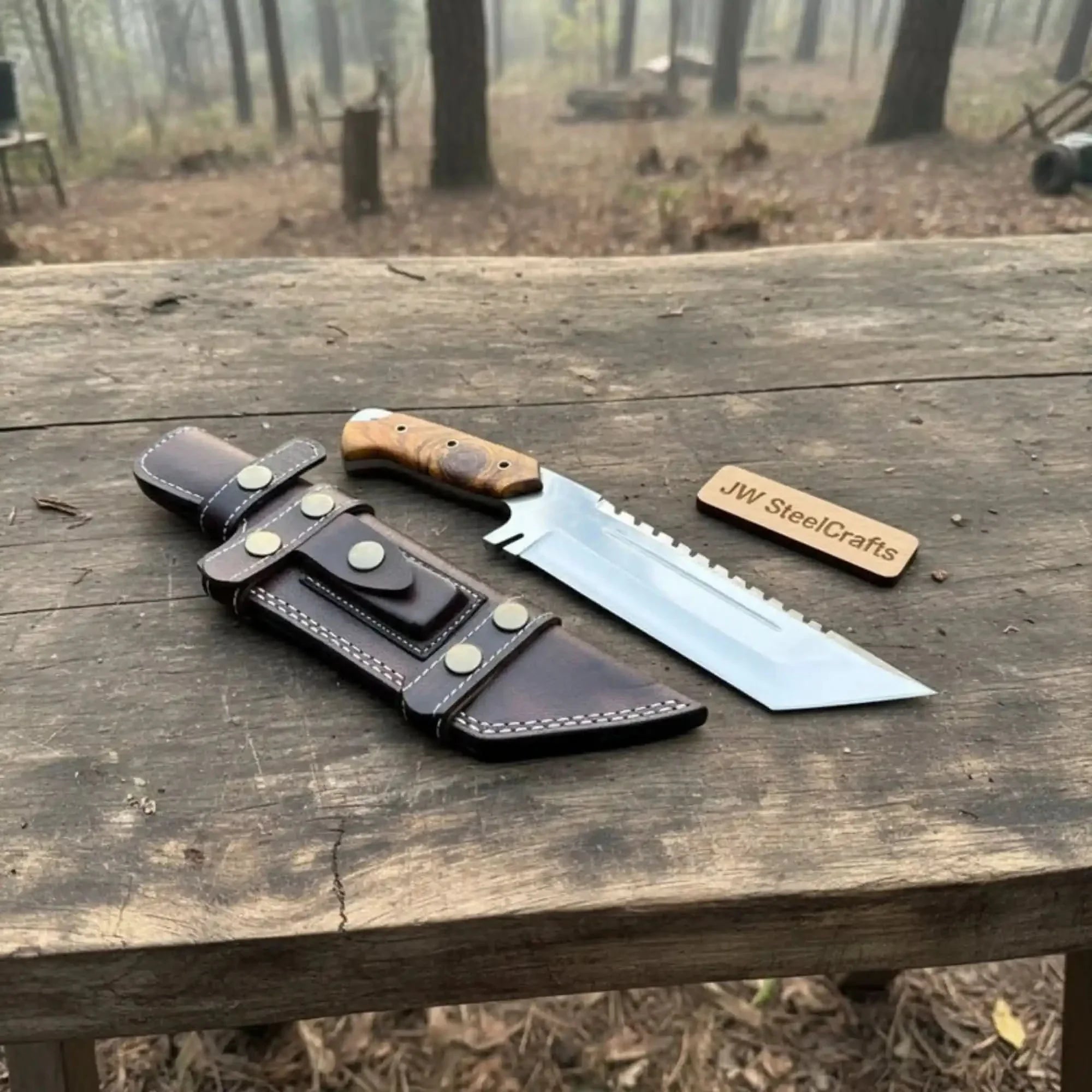 Handmade stainless steel steel knife with wood handle on dark surface
