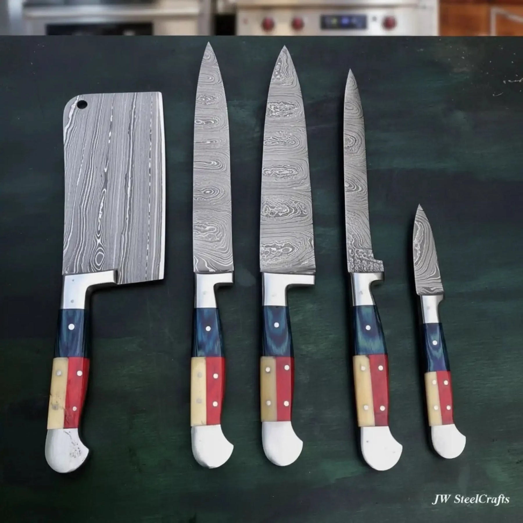 Handmade damascus steel knife with leather handle on dark surface