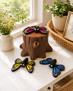 Sunlit lifestyle photo of The Tween Space butterfly playset with flowers plants and a woven basket in the background