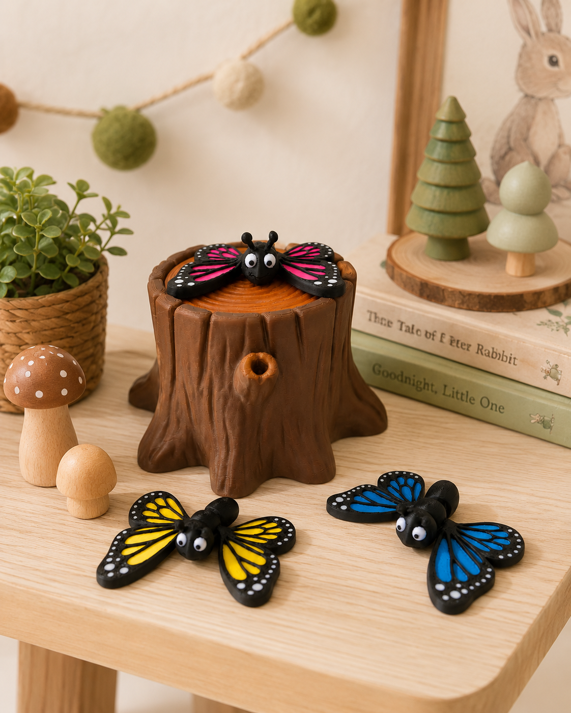 Woodland lifestyle photo of The Tween Space butterfly playset with tree stump and three colorful butterflies on a light wood table