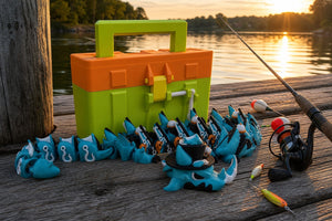 3D printed fishing dragon and tackle box styled on a dock with fishing gear at sunset