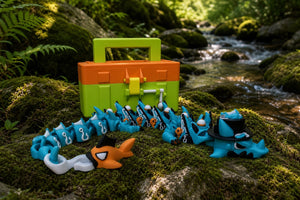 3D printed fishing dragon and tackle box displayed outdoors beside a forest creek