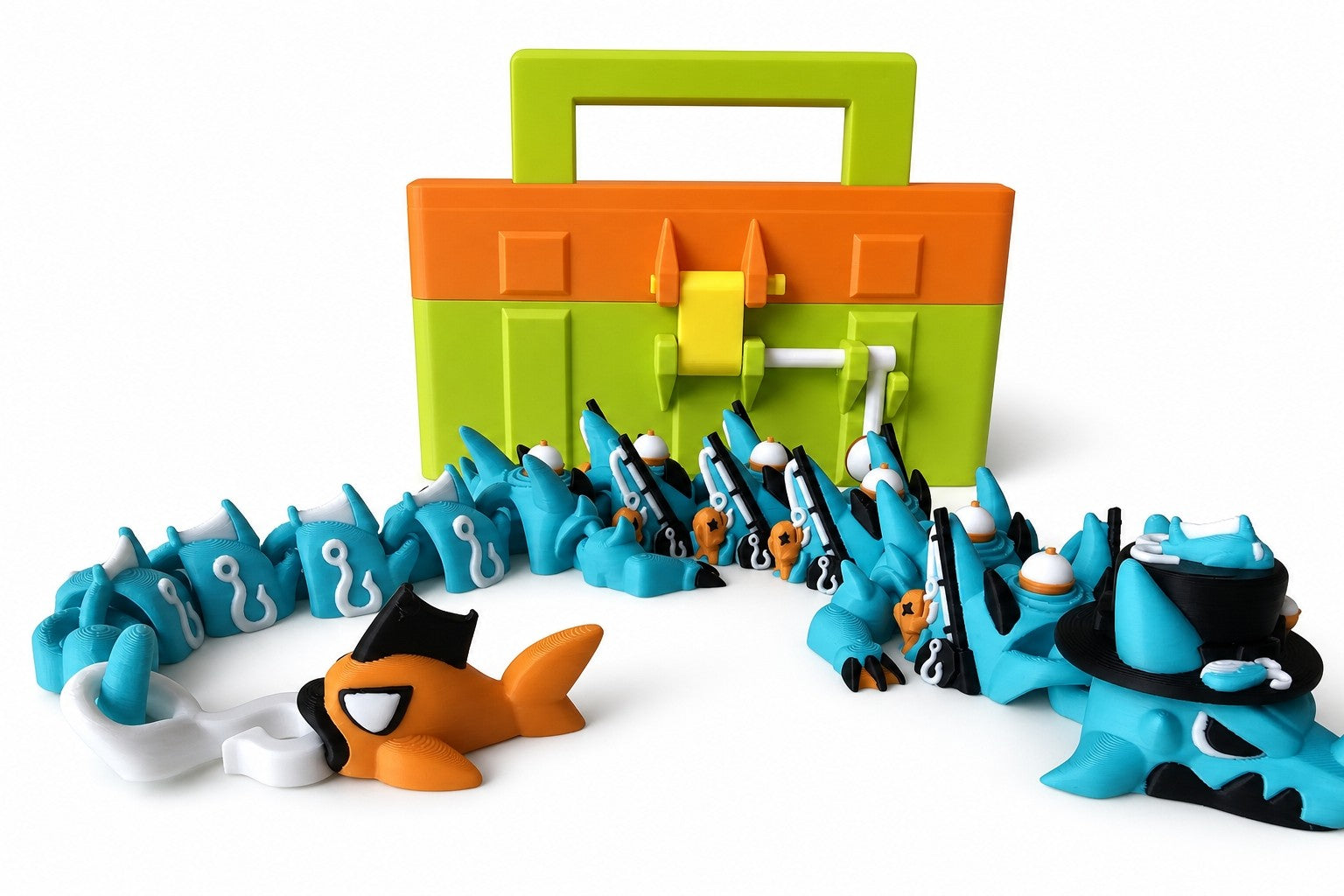 3D printed fishing dragon with tackle box by The Tween Space on a white background