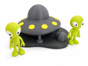 Front view of The Tween Space UFO space playset with green characters on a textured base