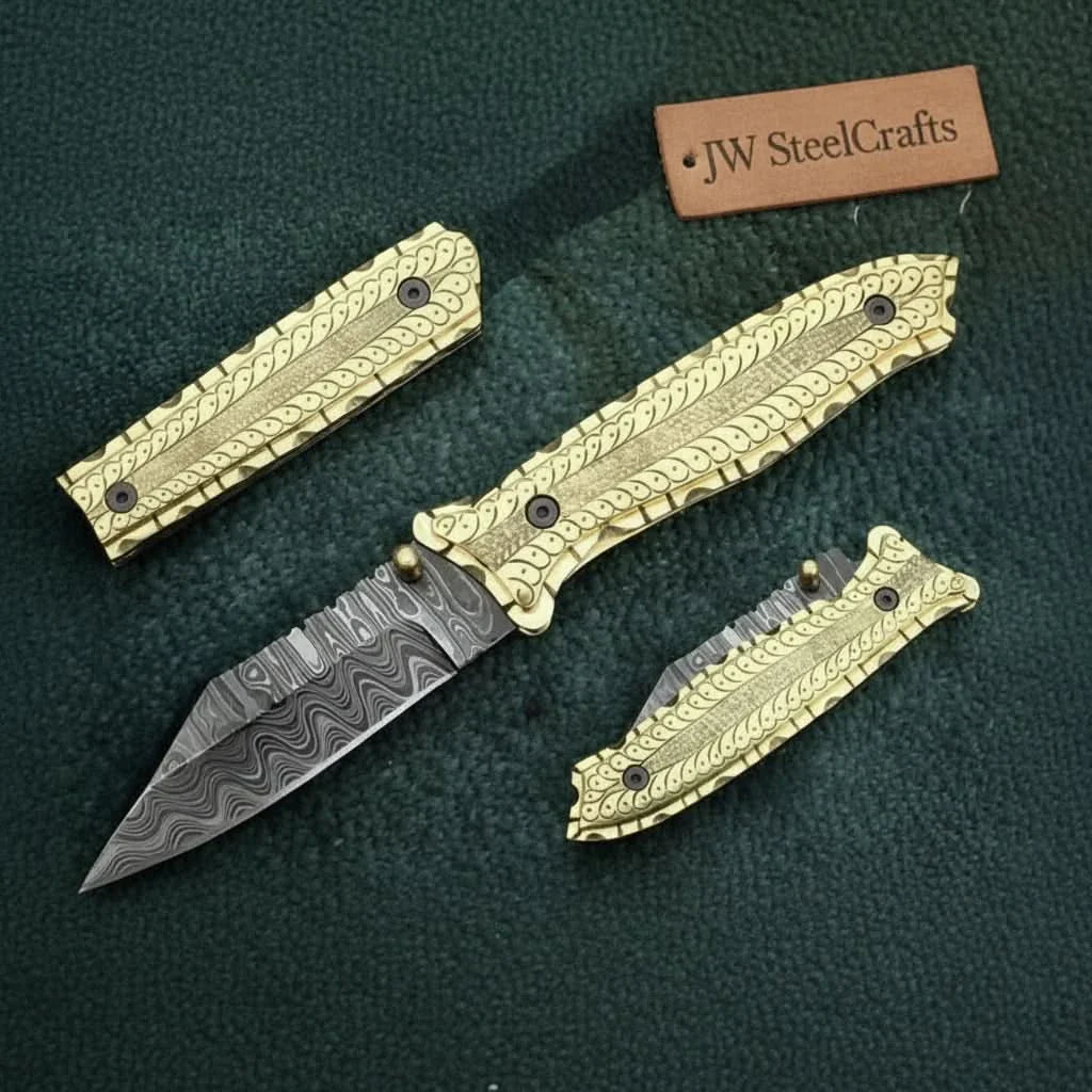 Hand-Engraved Damascus Folding Knife with Brass Handle & Leather Sheath by JW SteelCrafts, leather knife sheath main product photo