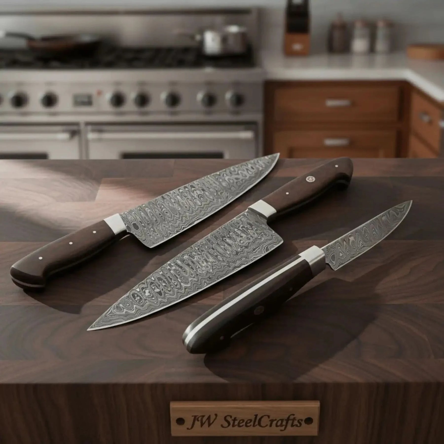 Handmade damascus steel knife with micarta handle on dark surface
