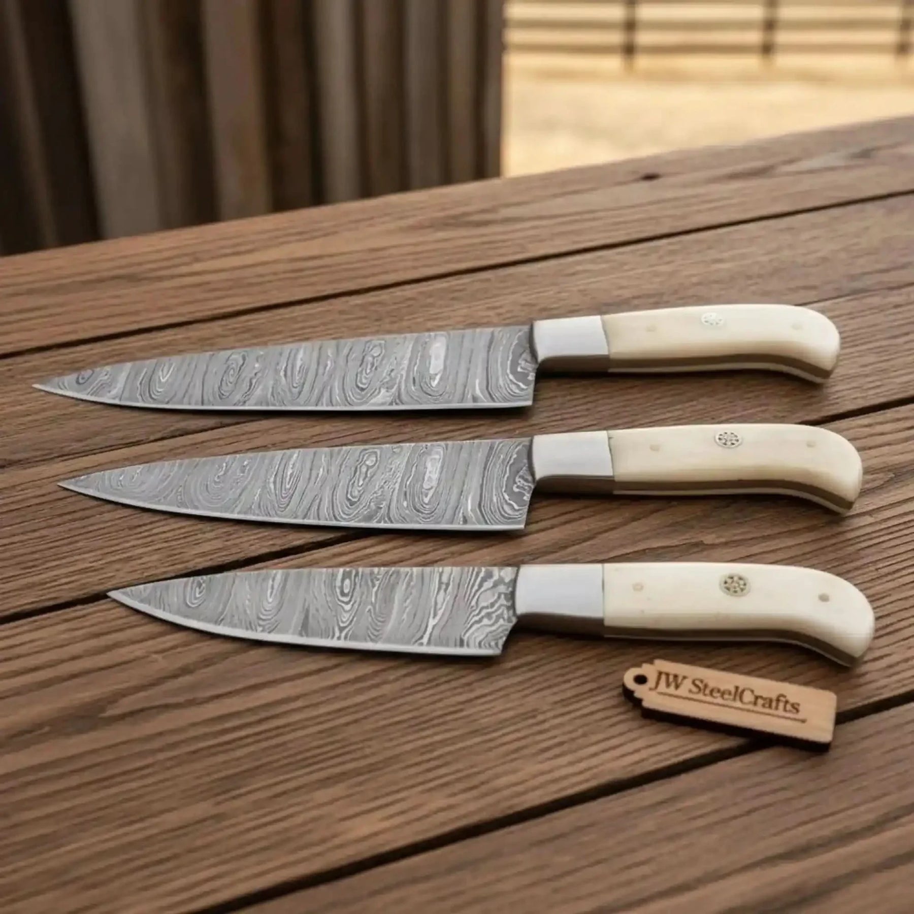 Hammer-Forged Twisted Damascus 4-Piece Steak Knife Set — Camel Bone Handles, Steel Bolster, Full Tang Dining Knives by JW SteelCrafts