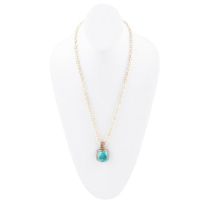 Carved Blue Turquoise Stone Golden Pendant Necklace
