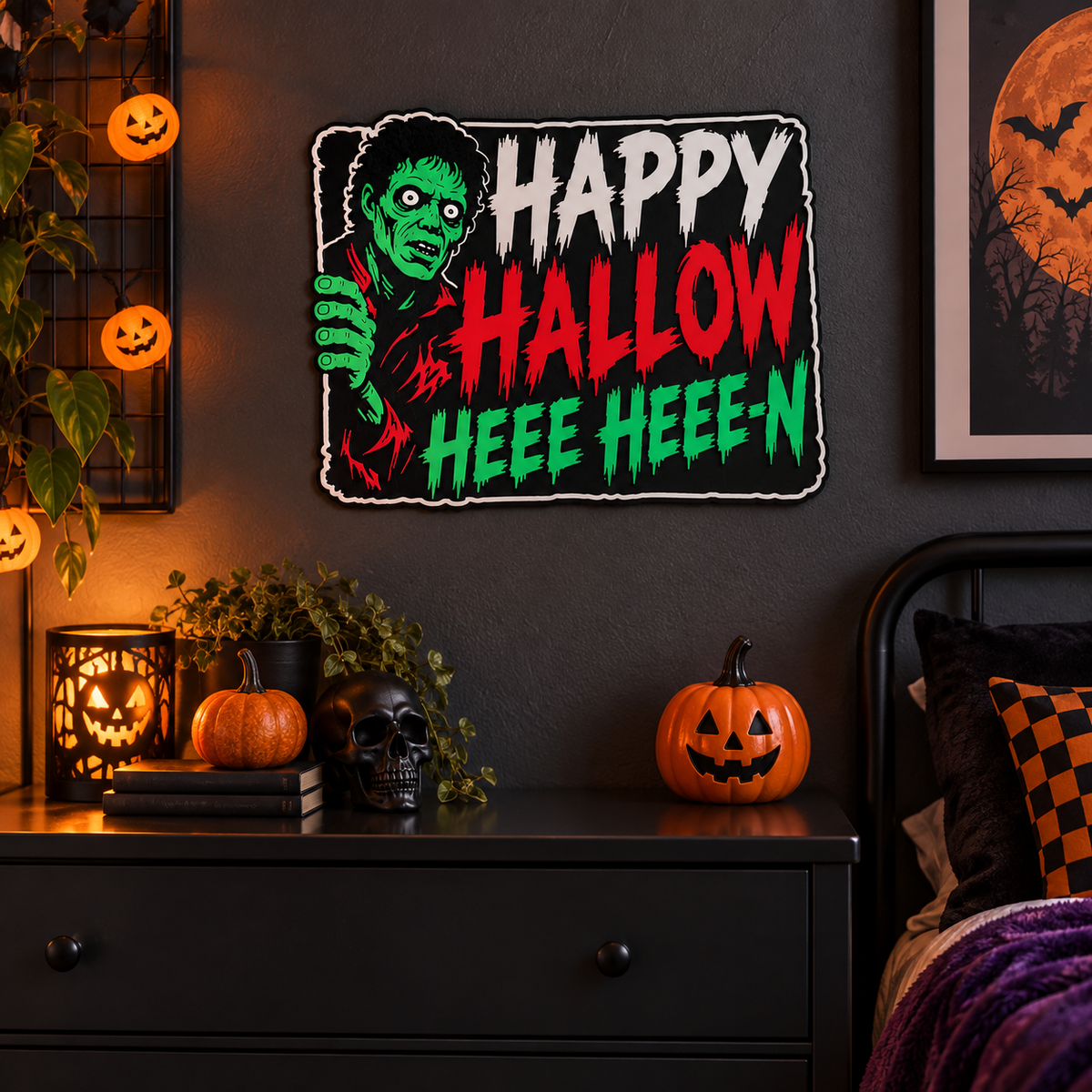 Thriller-inspired Halloween sign displayed in a tween bedroom