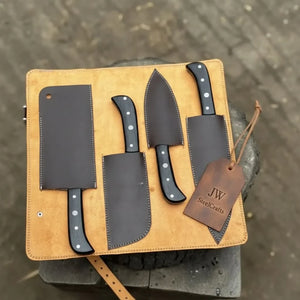 4-Piece Damascus Steel Kitchen Knife Set — Chef, Santoku, Cleaver & Utility with Wengi Wood Handles & Leather Roll