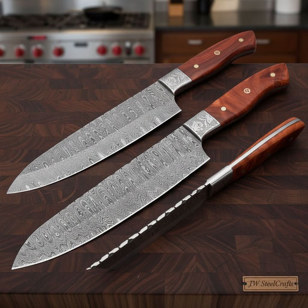 Handmade damascus steel knife with wood handle on dark surface