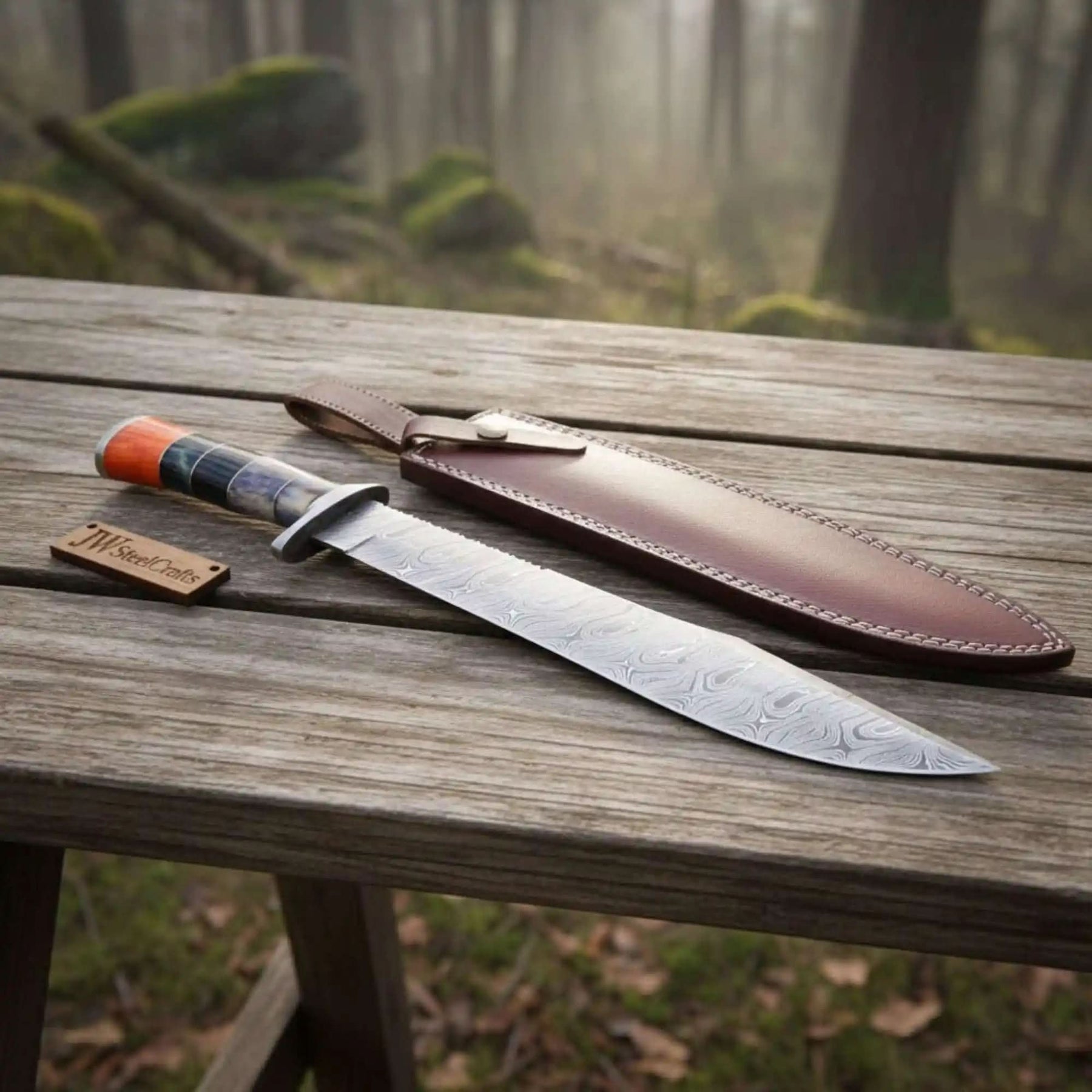 Handmade damascus steel knife with premium handle on dark surface