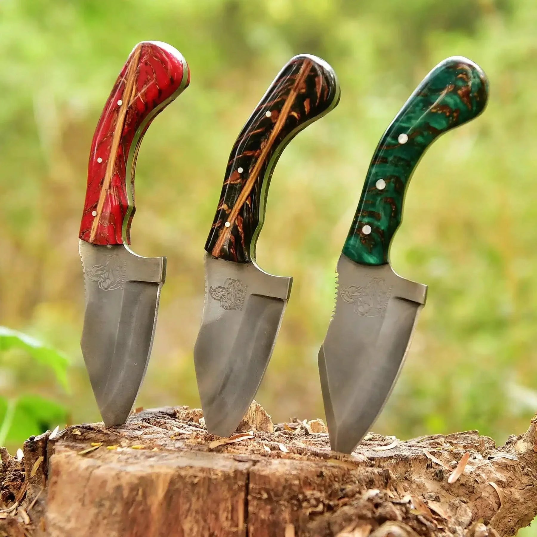 Acid Washed High Carbon Steel Hunting Knife — Pinecone Resin Handle in Red, Black or Green with Leather Sheath by JW SteelCrafts