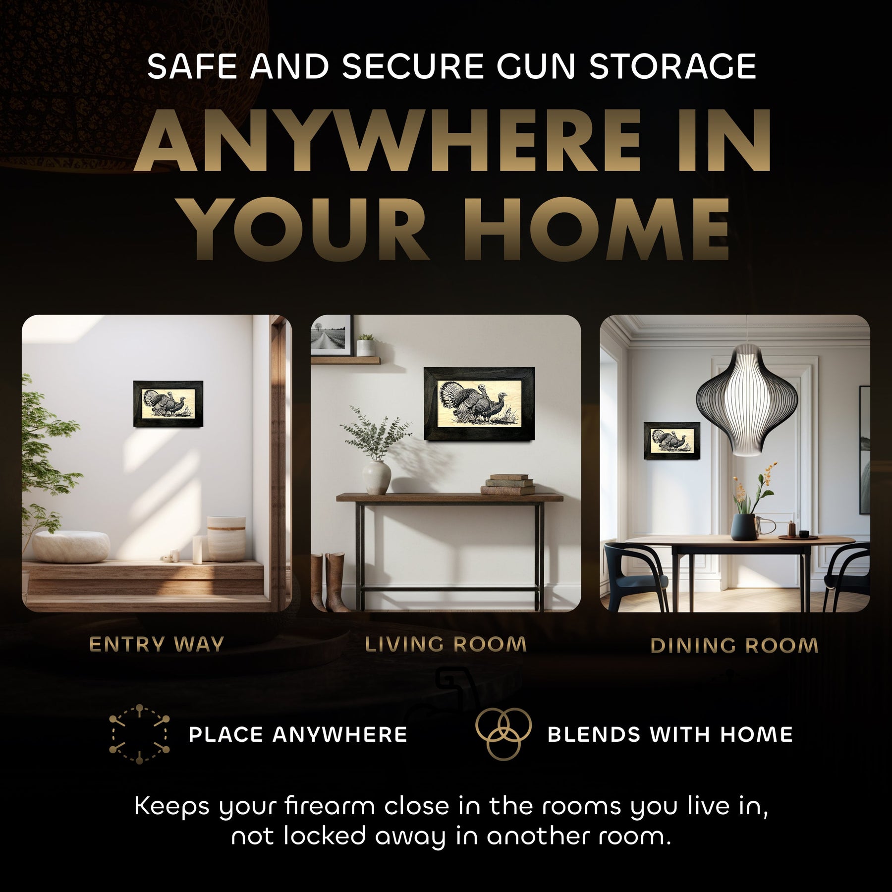 Wild Turkey Pair Gun Concealment Furniture - Handcrafted Hidden Gun Storage Wall Decor - Hidden Safe Furniture with Magnetic Lock for Quick Access & Storage - Made in USA