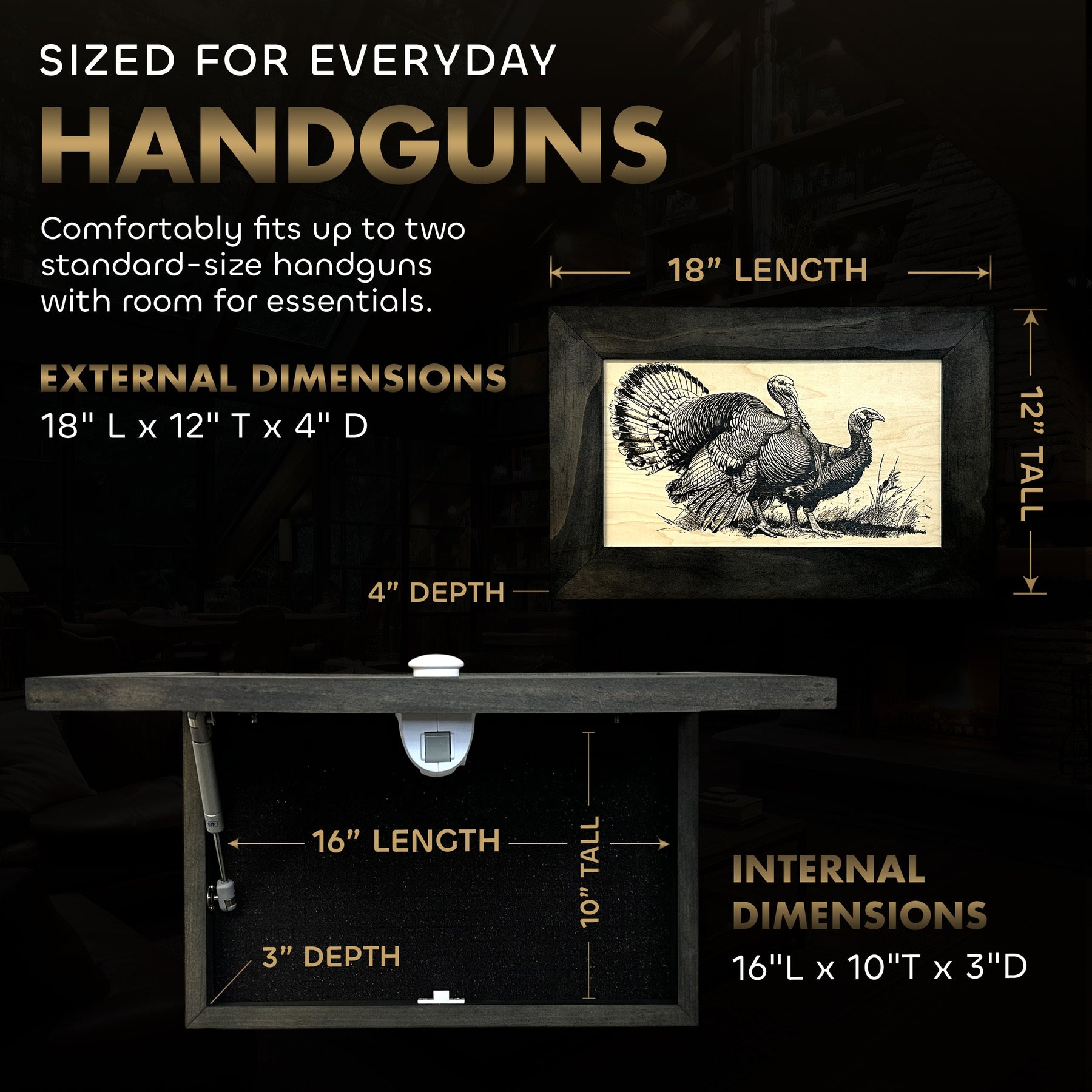 Wild Turkey Pair Gun Concealment Furniture - Handcrafted Hidden Gun Storage Wall Decor - Hidden Safe Furniture with Magnetic Lock for Quick Access & Storage - Made in USA