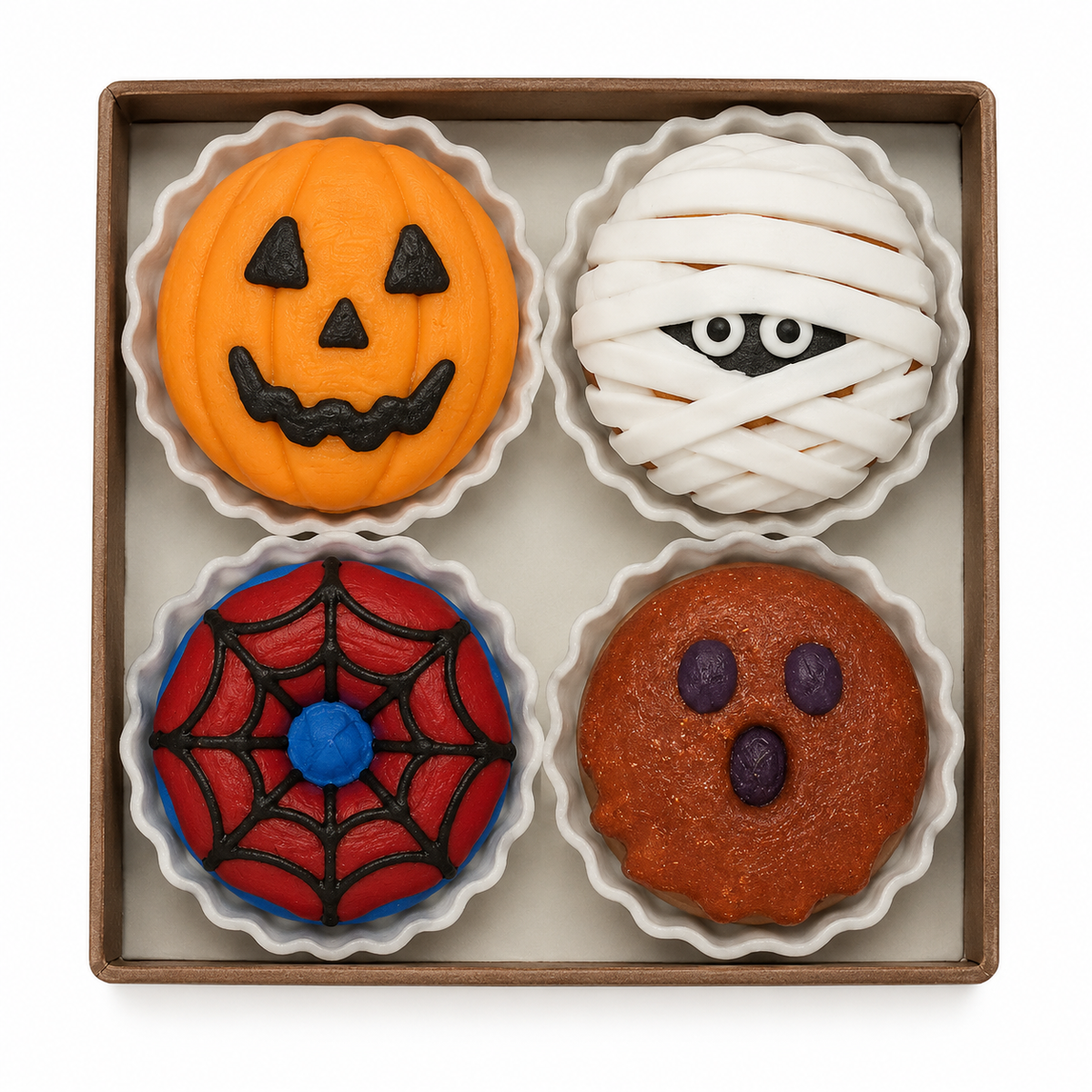 Assorted Halloween donut clicker box with pumpkin, white mummy, spiderweb and ghost fidget toys