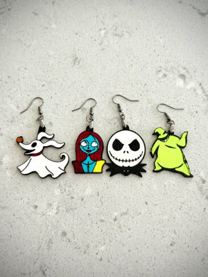 Four earring designs: Zero, Sally, Jack Skellington and Oogie Boogie; one earring of each design shown