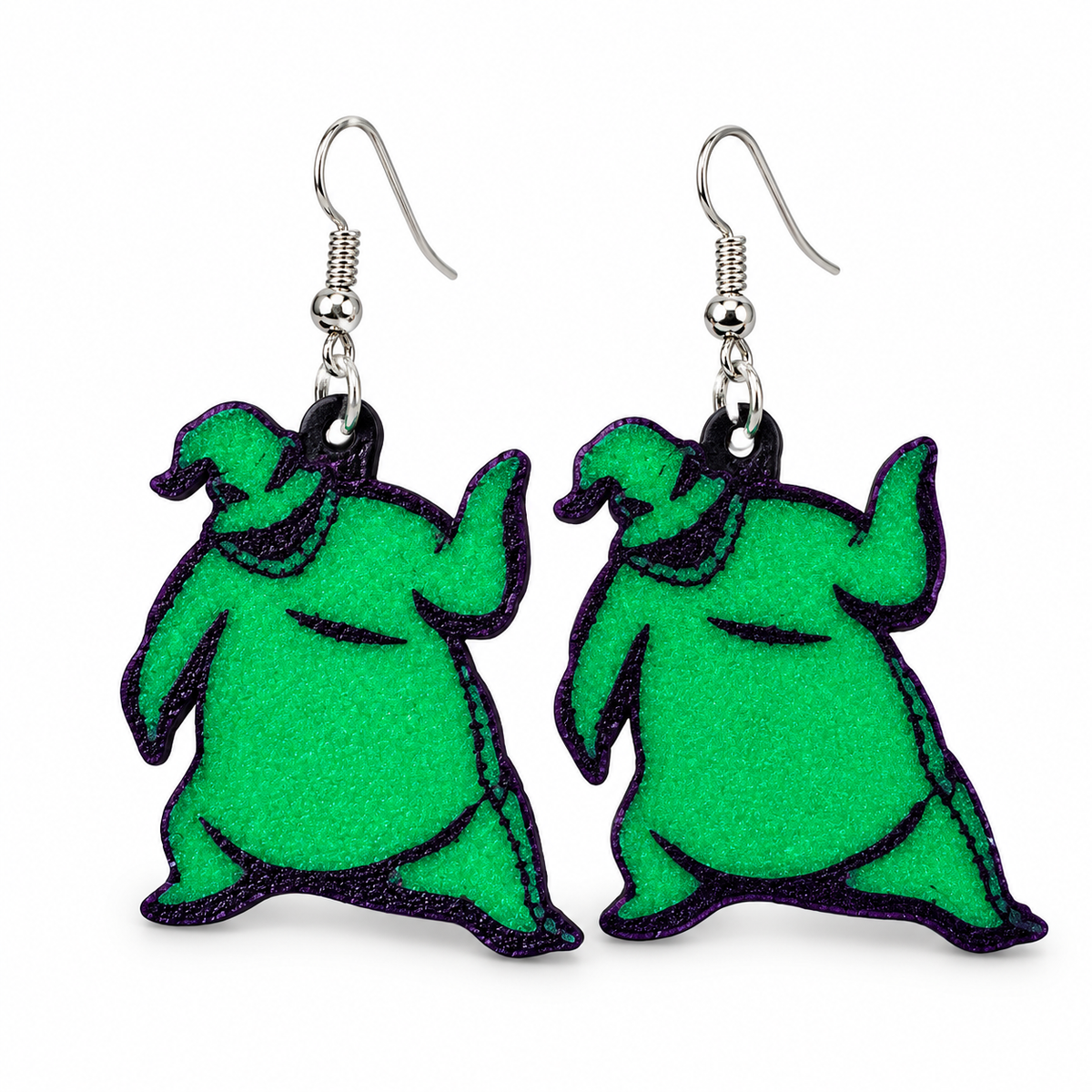 Green Oogie Boogie earring pair with silver-tone hooks on a white background