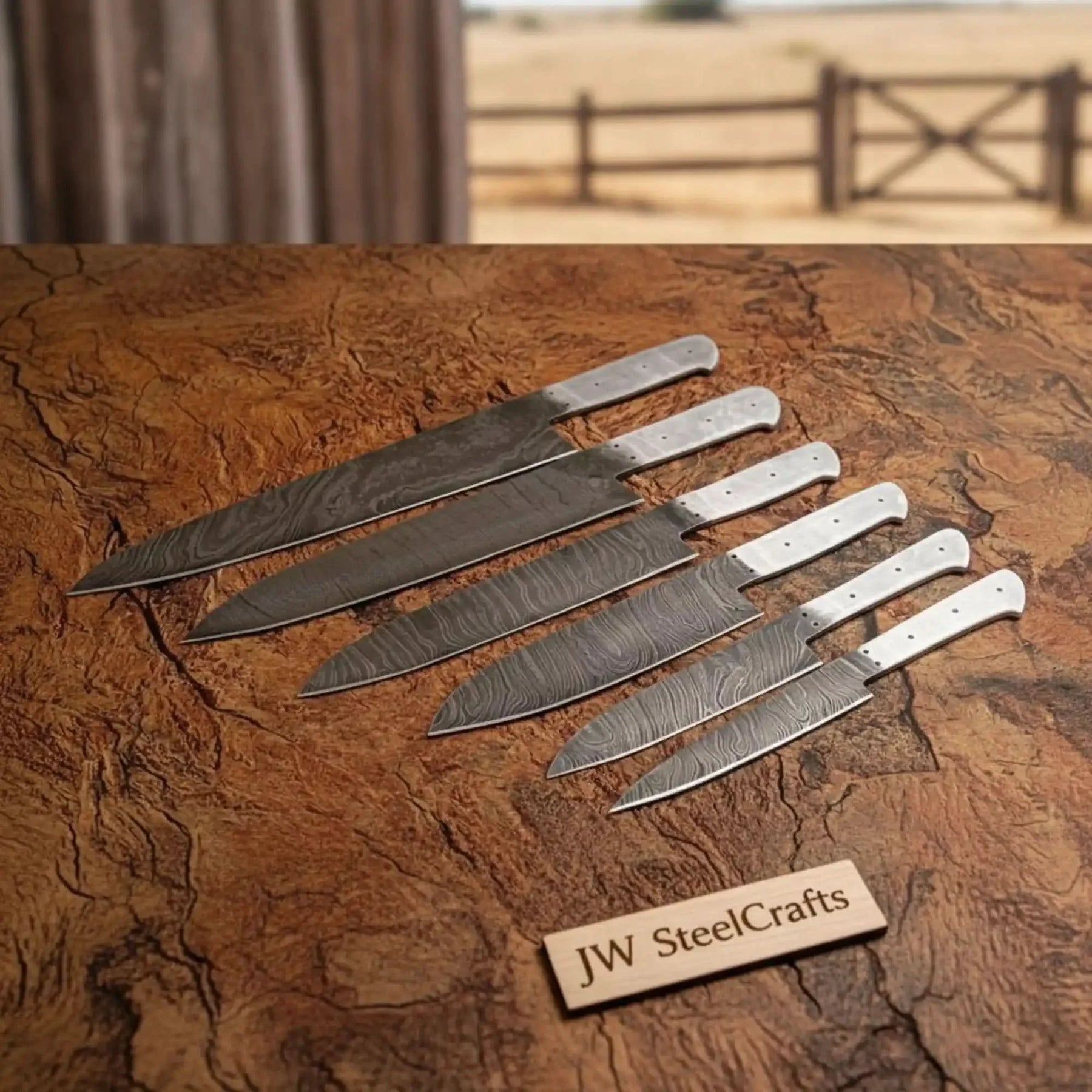 6-Piece Damascus Steel Blade Blank Set — 8 to 14 Inch Knife Making Blanks with Full Tang | JW Steel Crafts by JW SteelCrafts