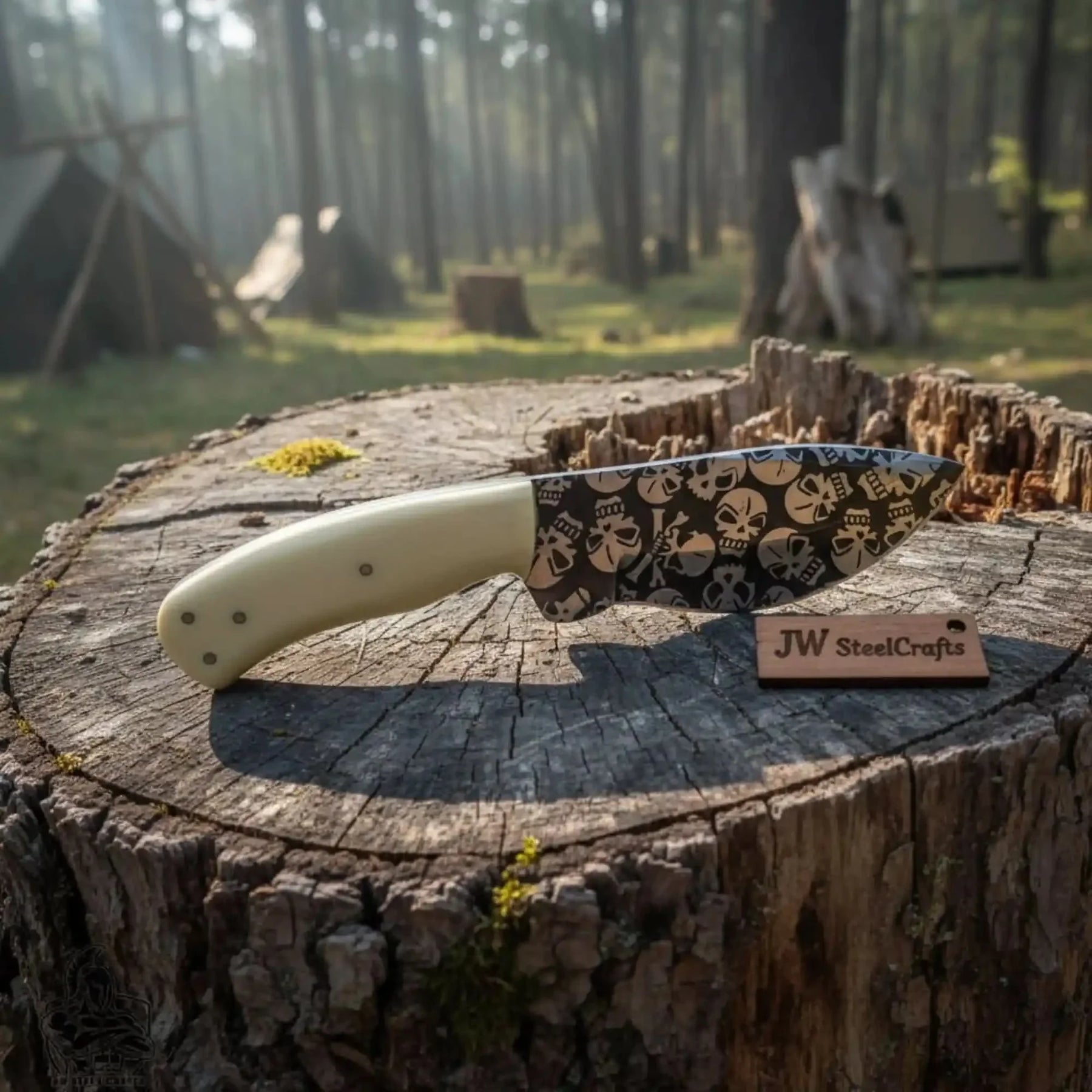 Handmade damascus steel knife with resin handle on dark surface