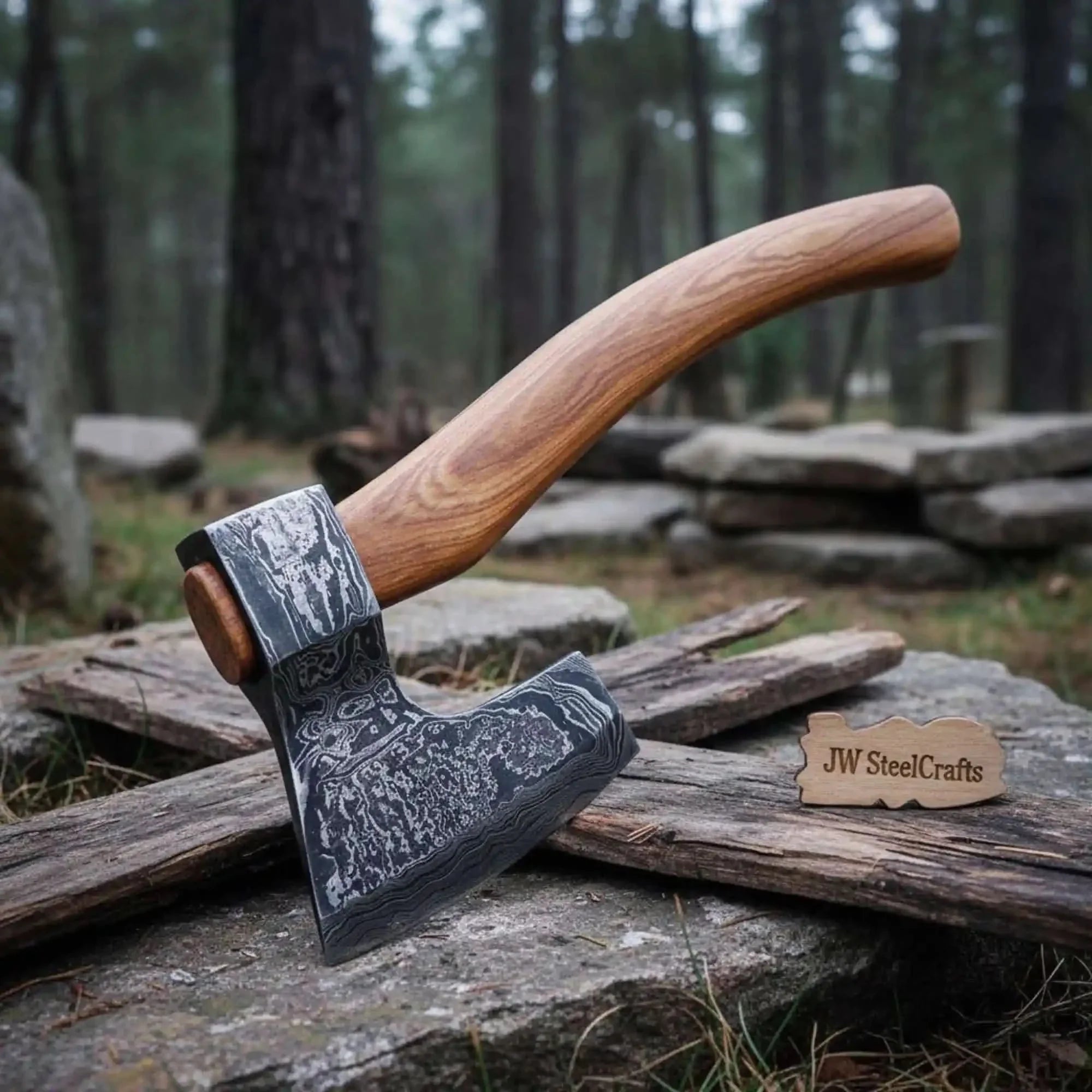 Historical Scandinavian Skeggøx — Curved Hardwood Handle with Hand-Forged Damascus Head by JW SteelCrafts, Southern handmade gift main product photo