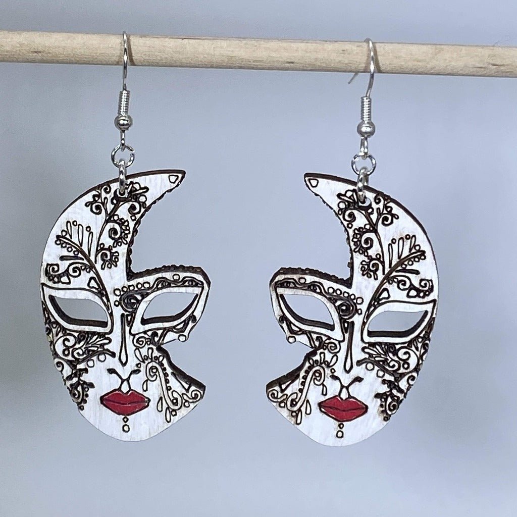 Venetian Half Mask Wooden Dangle Earrings | Masquerade Jewelry
