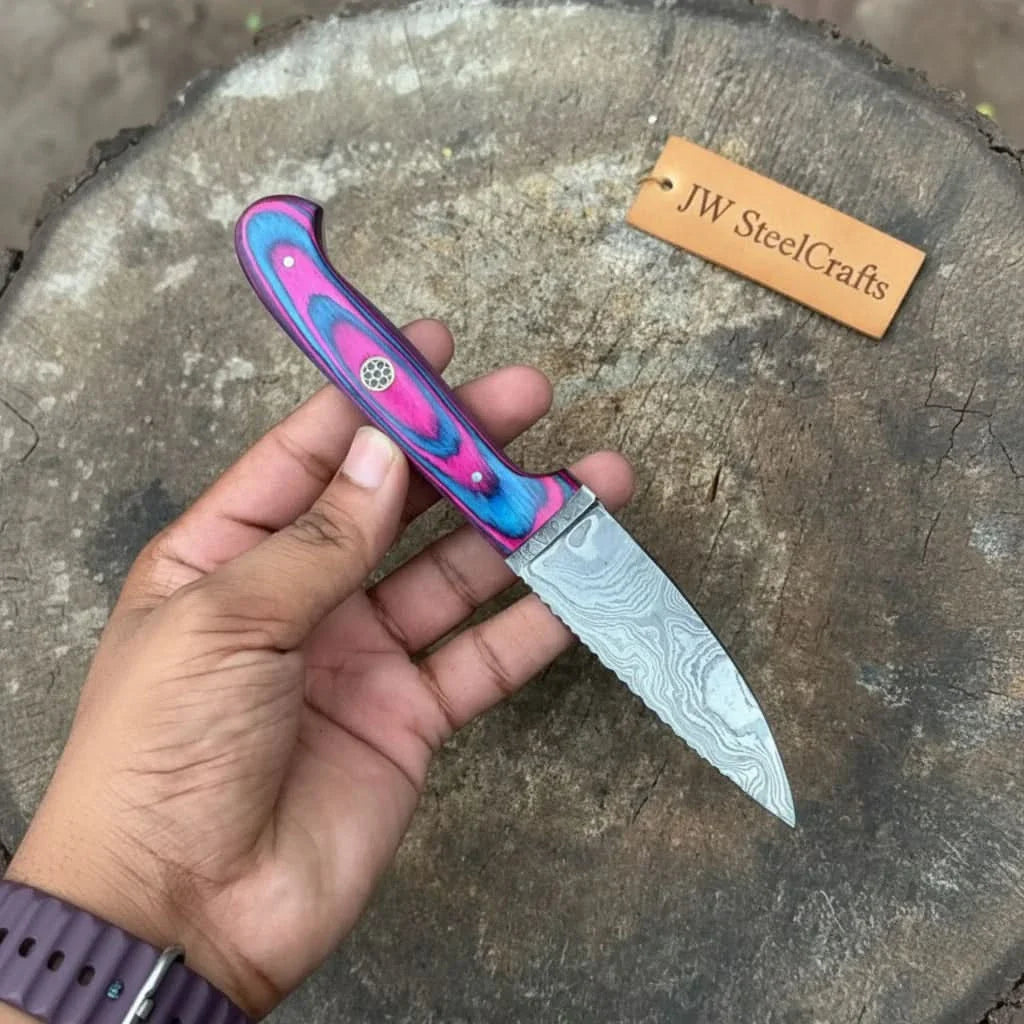 Damascus Steel Fixed Blade Knife – Pink & Blue Pakka Wood Handle | JW SteelCrafts by JW SteelCrafts
