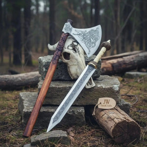 Stainless steel steel axe head with premium handle on rustic wood surface