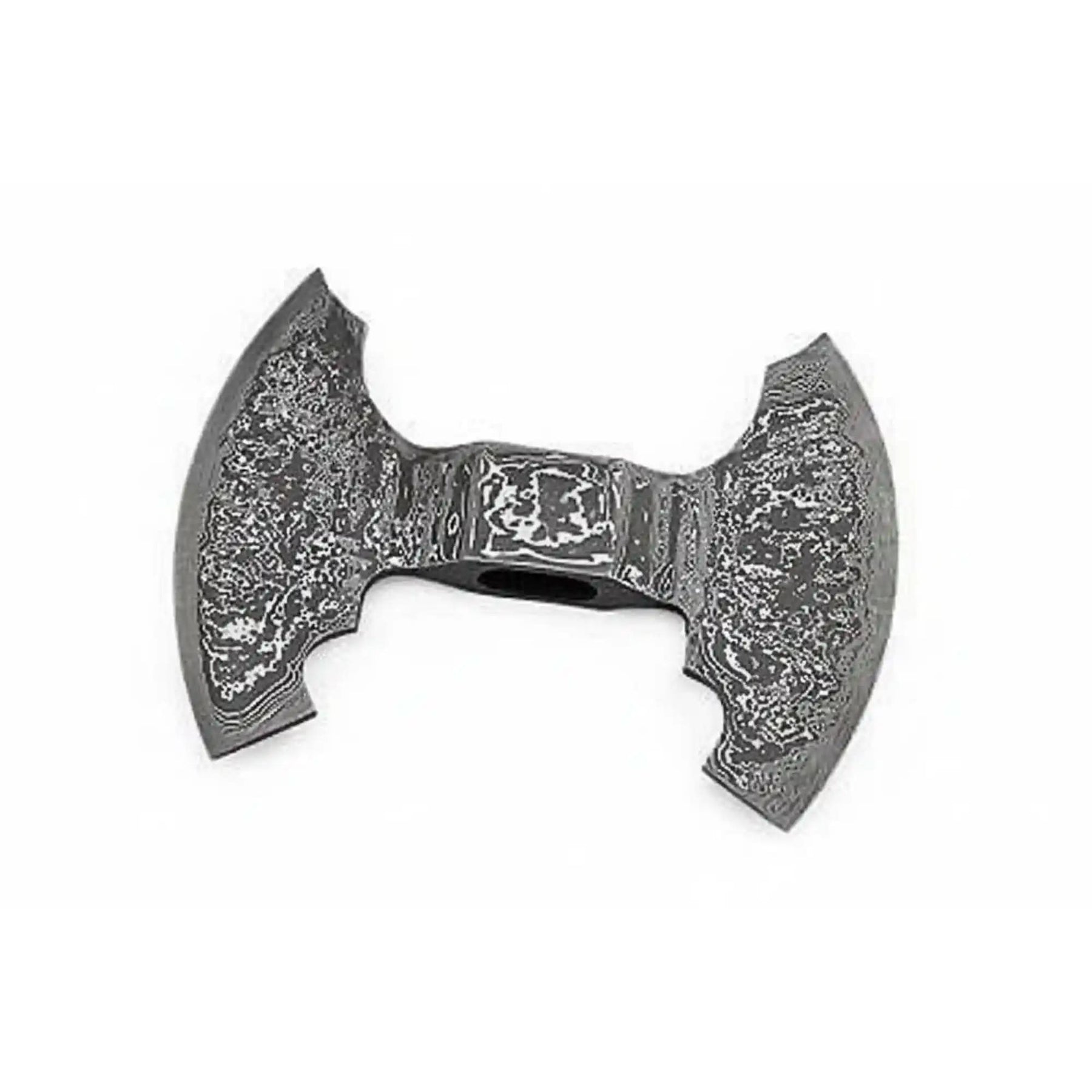 Damascus steel axe head with premium handle on rustic wood surface