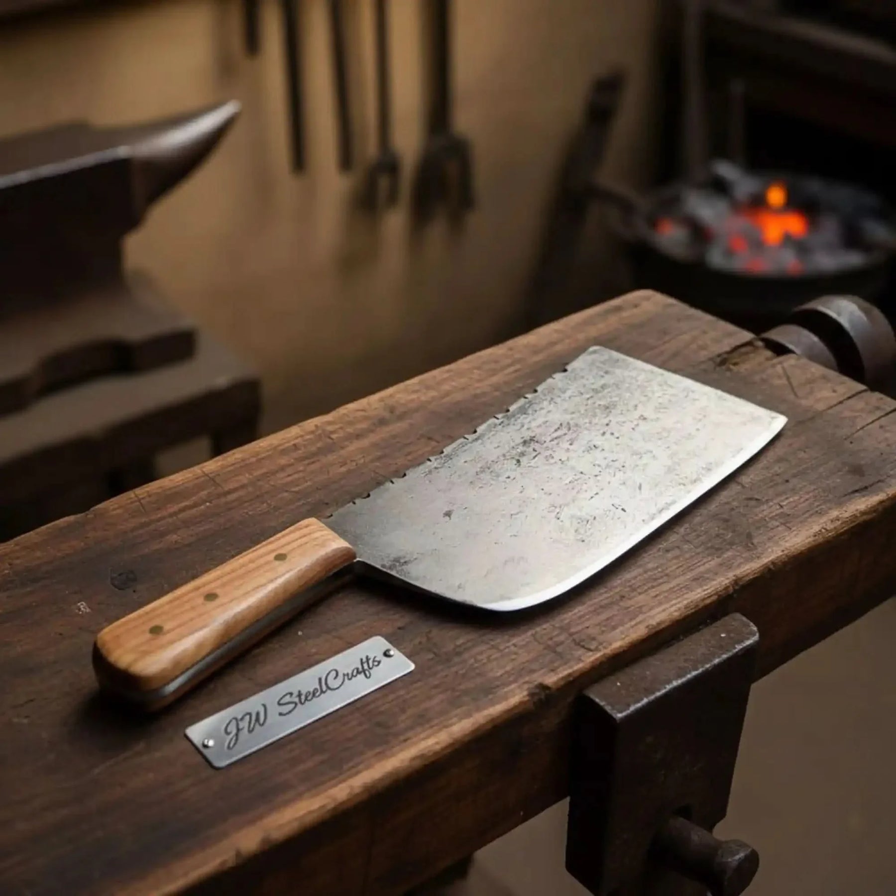 14-Inch Forged High Carbon Steel Butcher Cleaver — Filework Spine & Natural Hardwood Handle by JW SteelCrafts