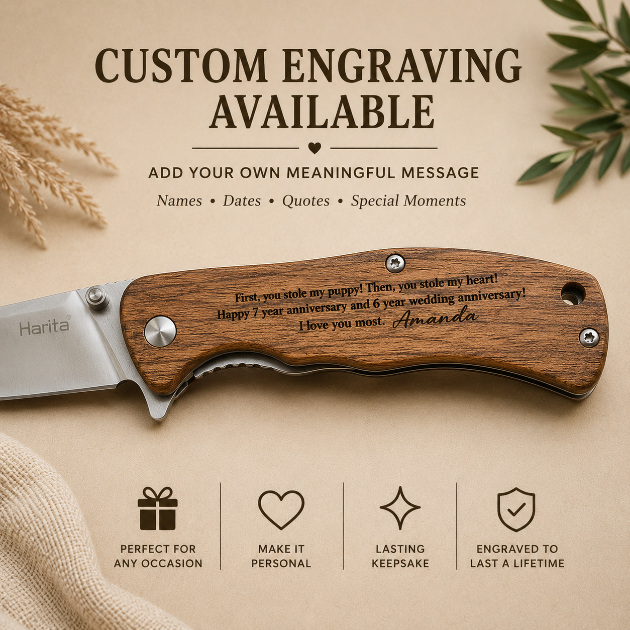 Personalized Engraved Wood Handle Pocket Knife