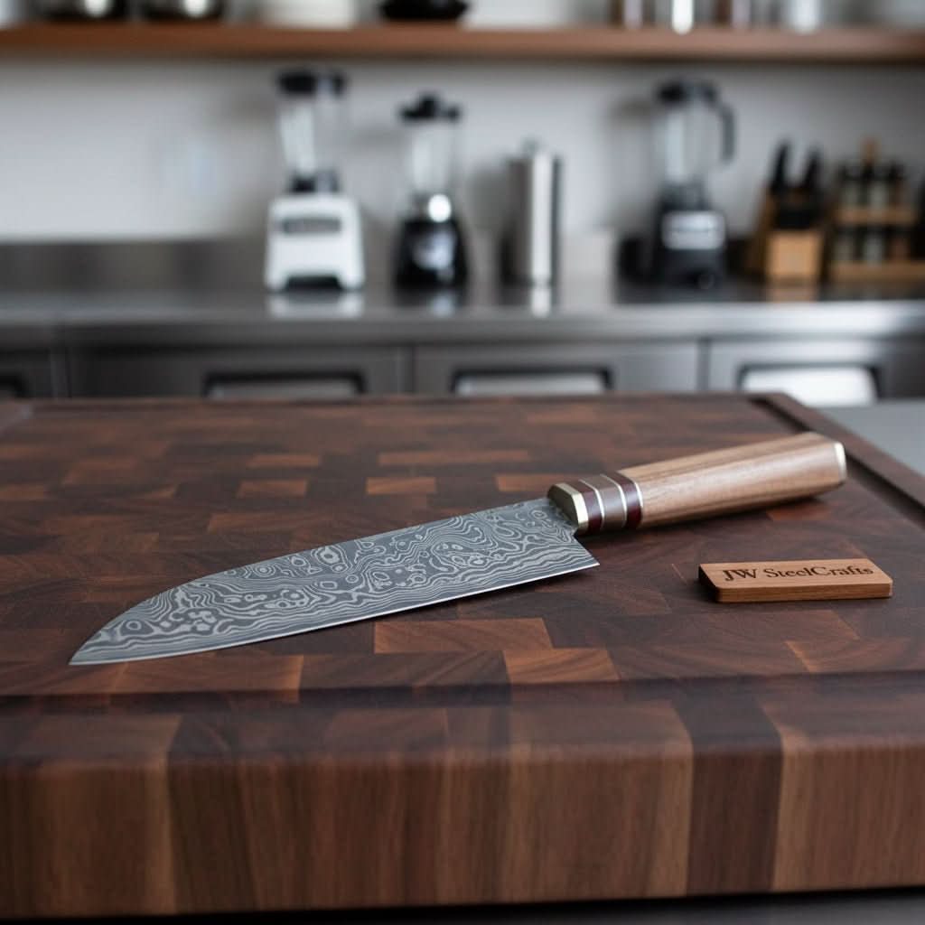 Handmade damascus steel knife with walnut handle on dark surface