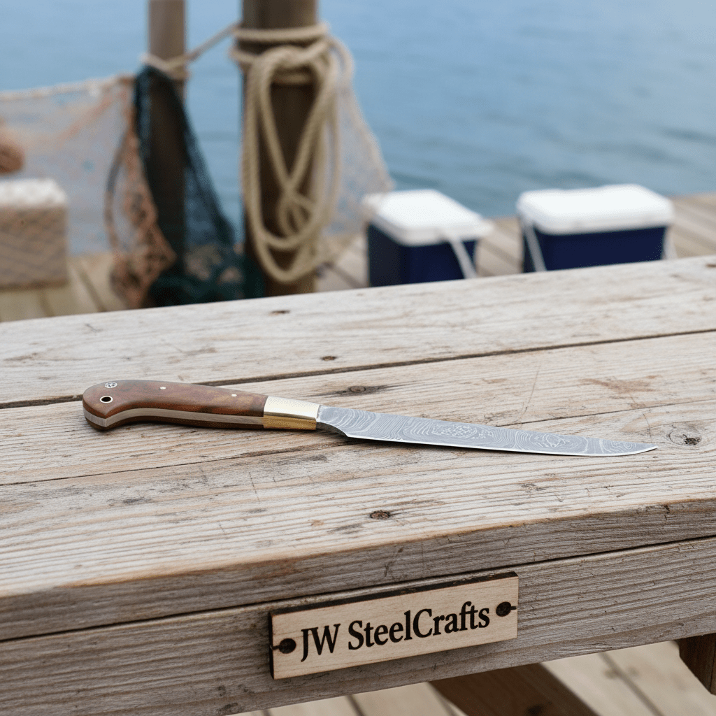 Handmade damascus steel knife with premium handle on dark surface