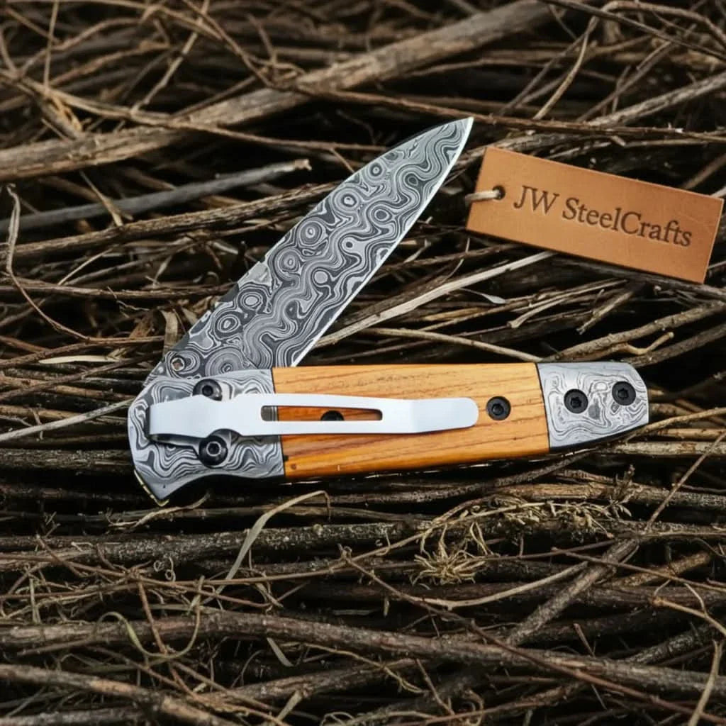 Damascus Steel Folding Knife — Olive Wood Handle, Damascus Bolsters, Liner Lock & Wave Pattern Blade by JW SteelCrafts