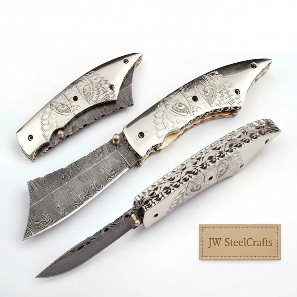 Hand Engraved Damascus Folding Knife with Skull Design & Brass Liners – Collector Pocket Knife by JW SteelCrafts, Damascus knife main product photo