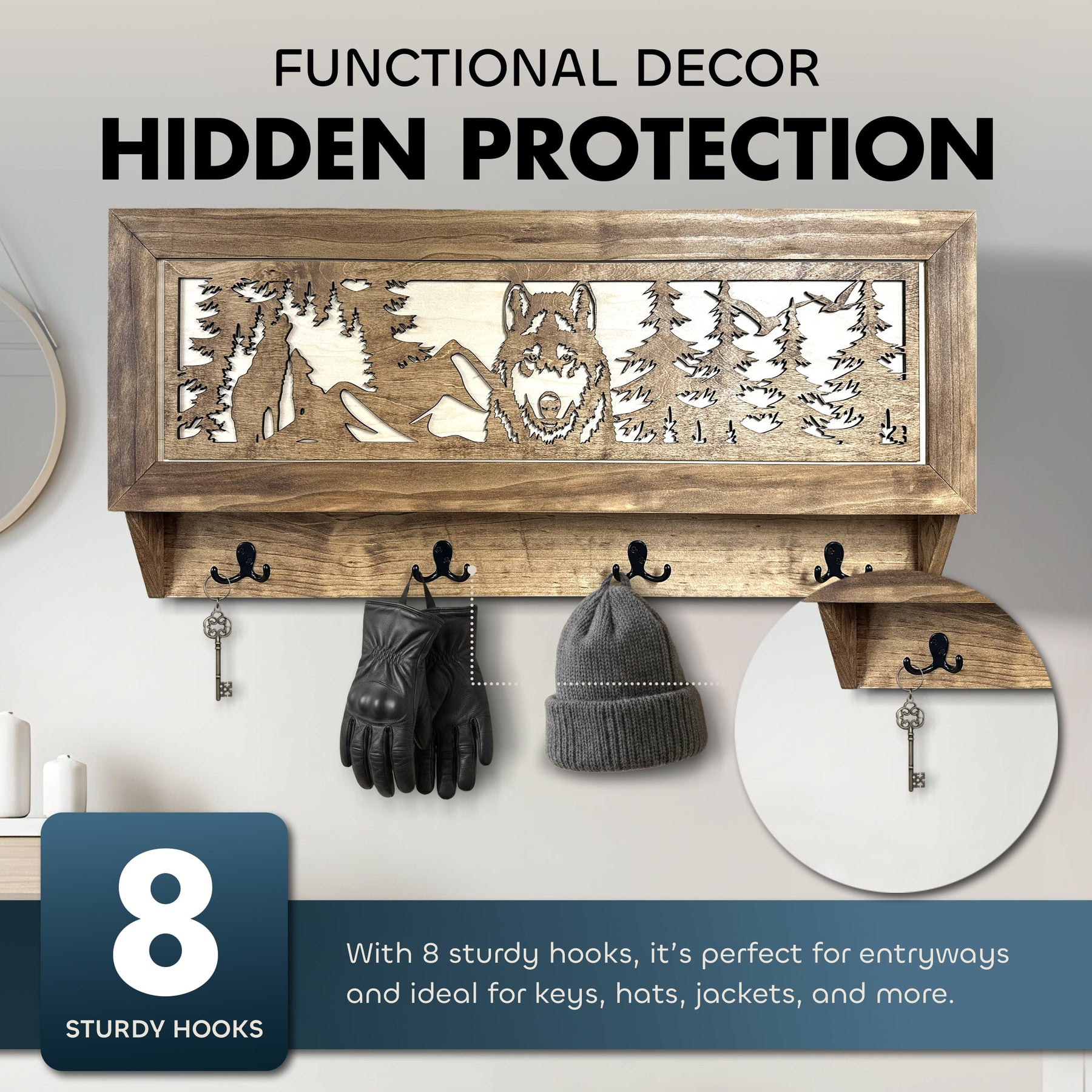 Wolf in the Wild Hidden Gun Storage - Coat Rack Concealment Shelf with Hooks for Coats, Bags, & Hats - Quick Access Hidden Gun Shelf - Secure Magnetic Lock