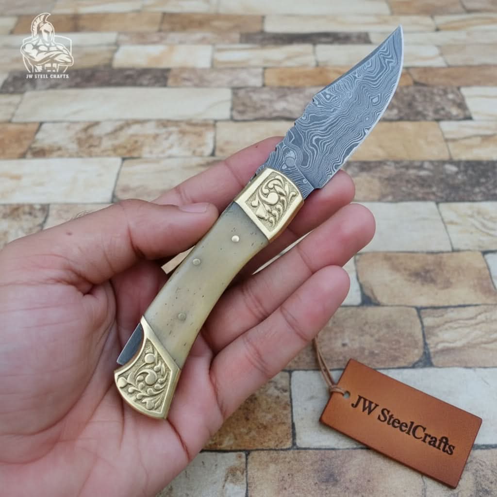 Handmade Damascus Steel Folding Pocket Knife with Bone Handle & Engraved Brass Bolsters by JW SteelCrafts, Damascus knife main product photo