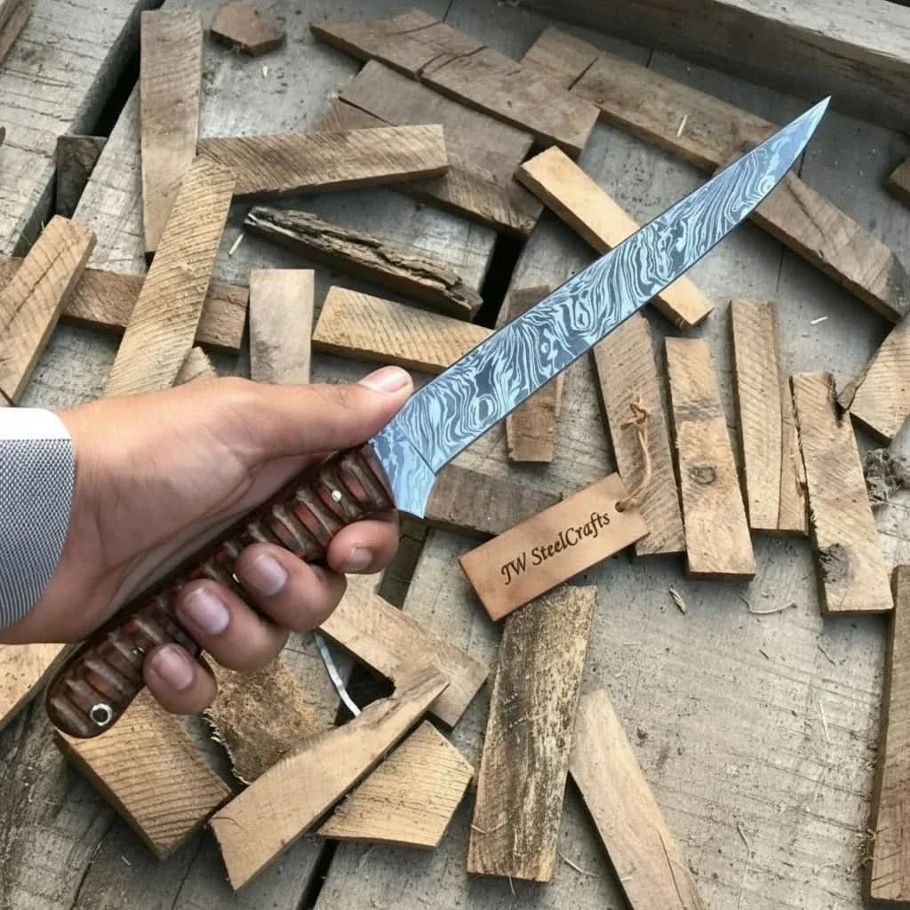 Handmade damascus steel knife with wood handle on dark surface