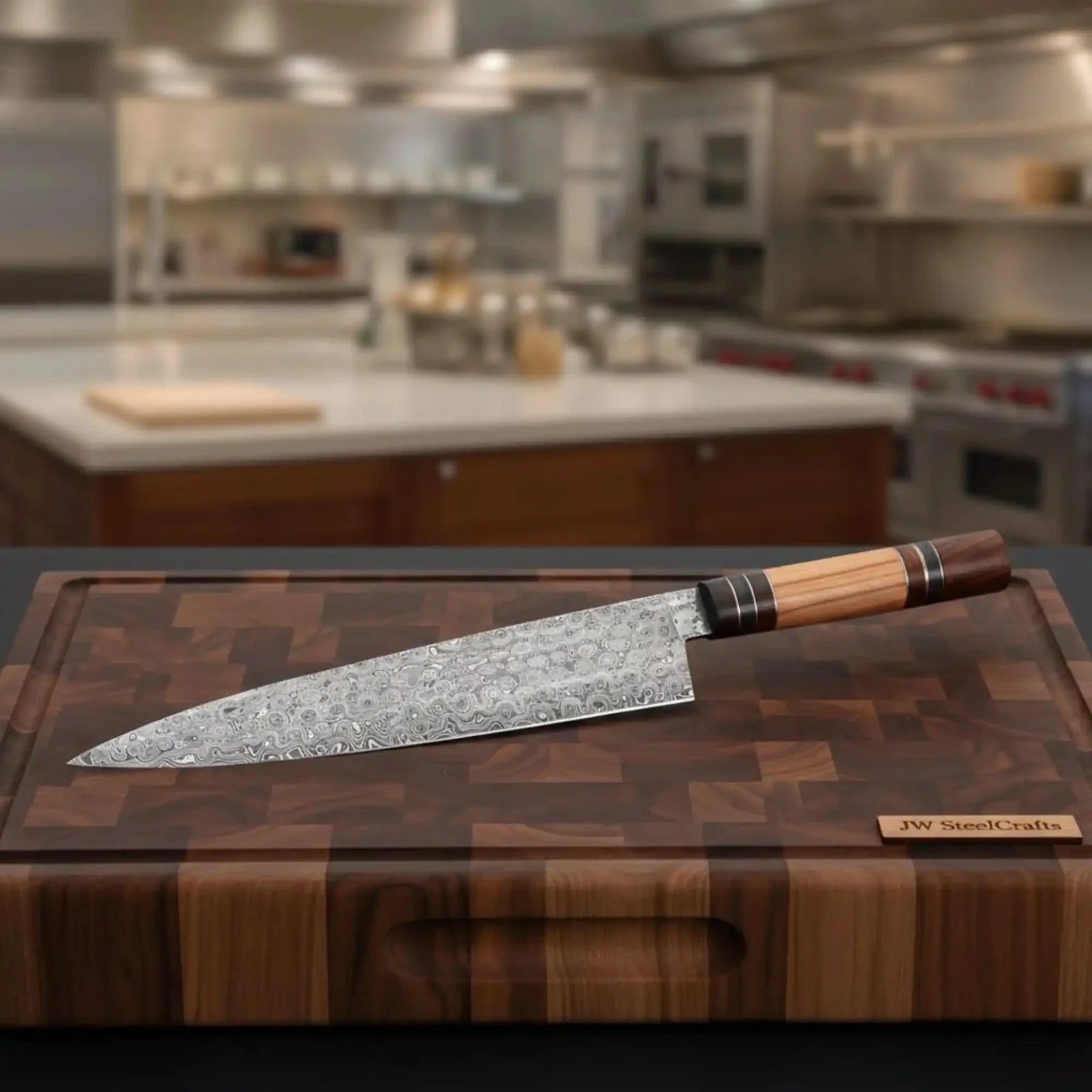 Handmade damascus steel knife with wood handle on dark surface
