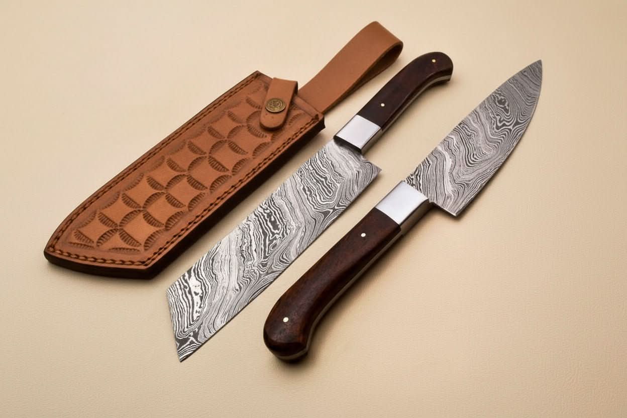 Handmade damascus steel knife with wood handle on dark surface