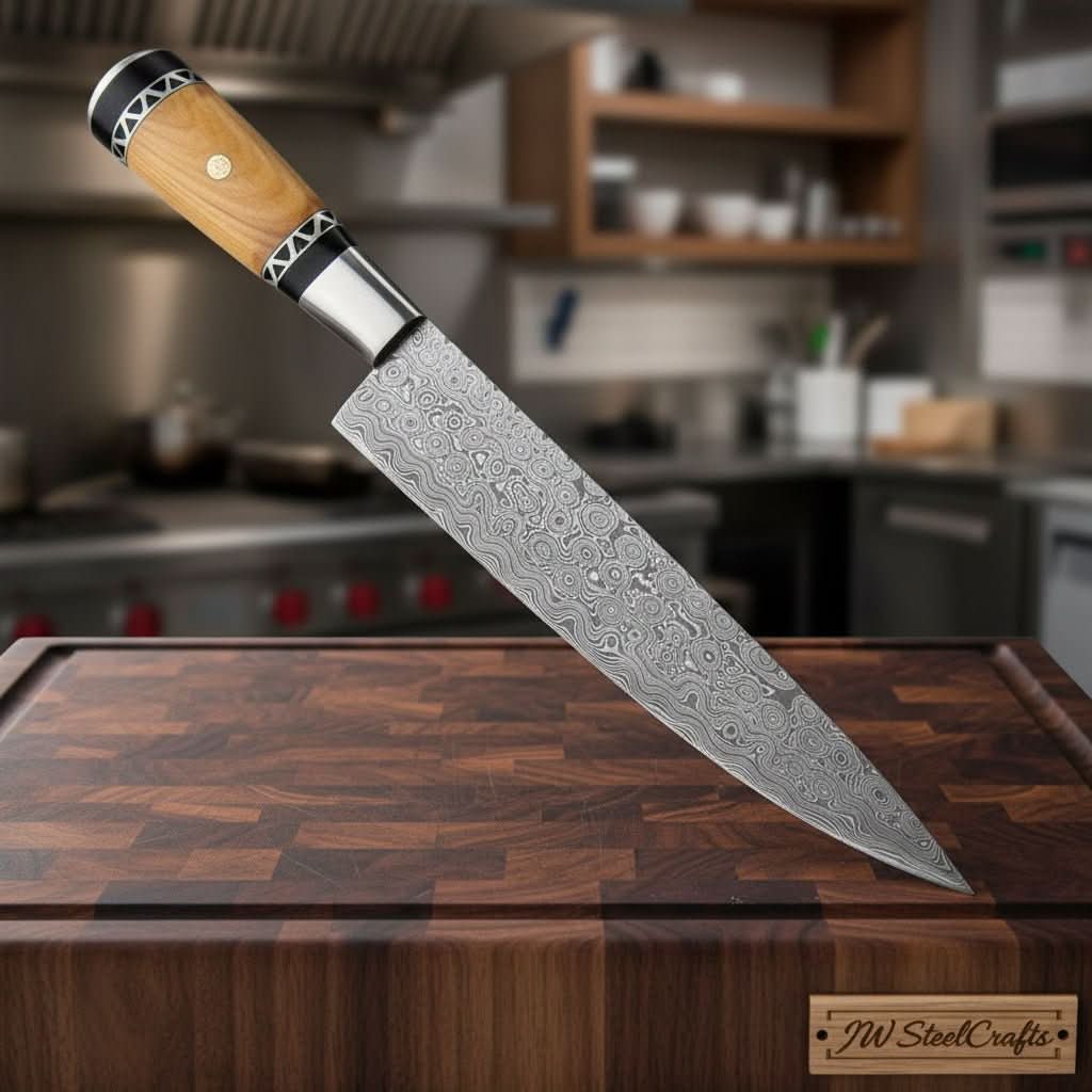 Handmade damascus steel knife with wood handle on dark surface